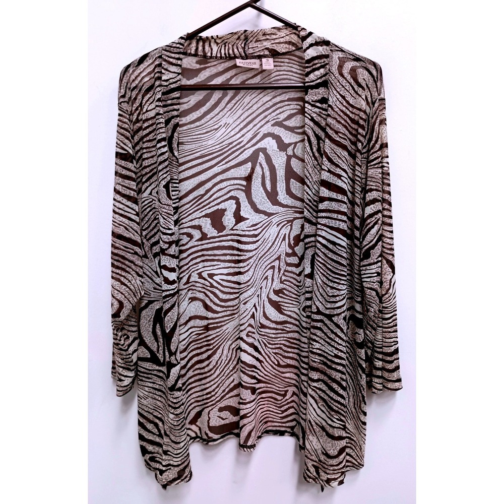 Chicos Easywear Cardigan Womens XL Brown Zebra Print Mesh Open Front Lightweight